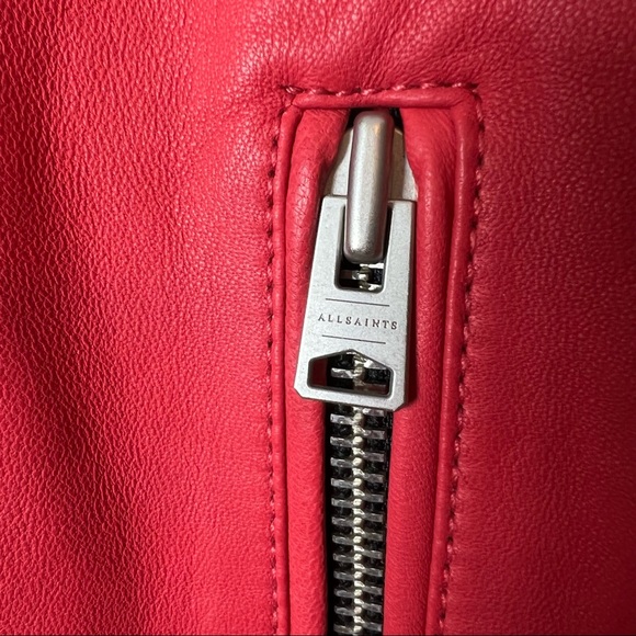 AllSaints Balfern Belted Coral Red Leather Biker Jacket Size 6 - Picture 8 of 16